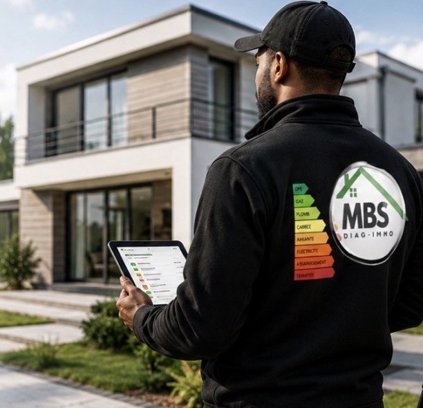 Diagnostiqueur immobilier certifié MBS DIAG IMMO réalisant un diagnostic devant une maison moderne en Île-de-France